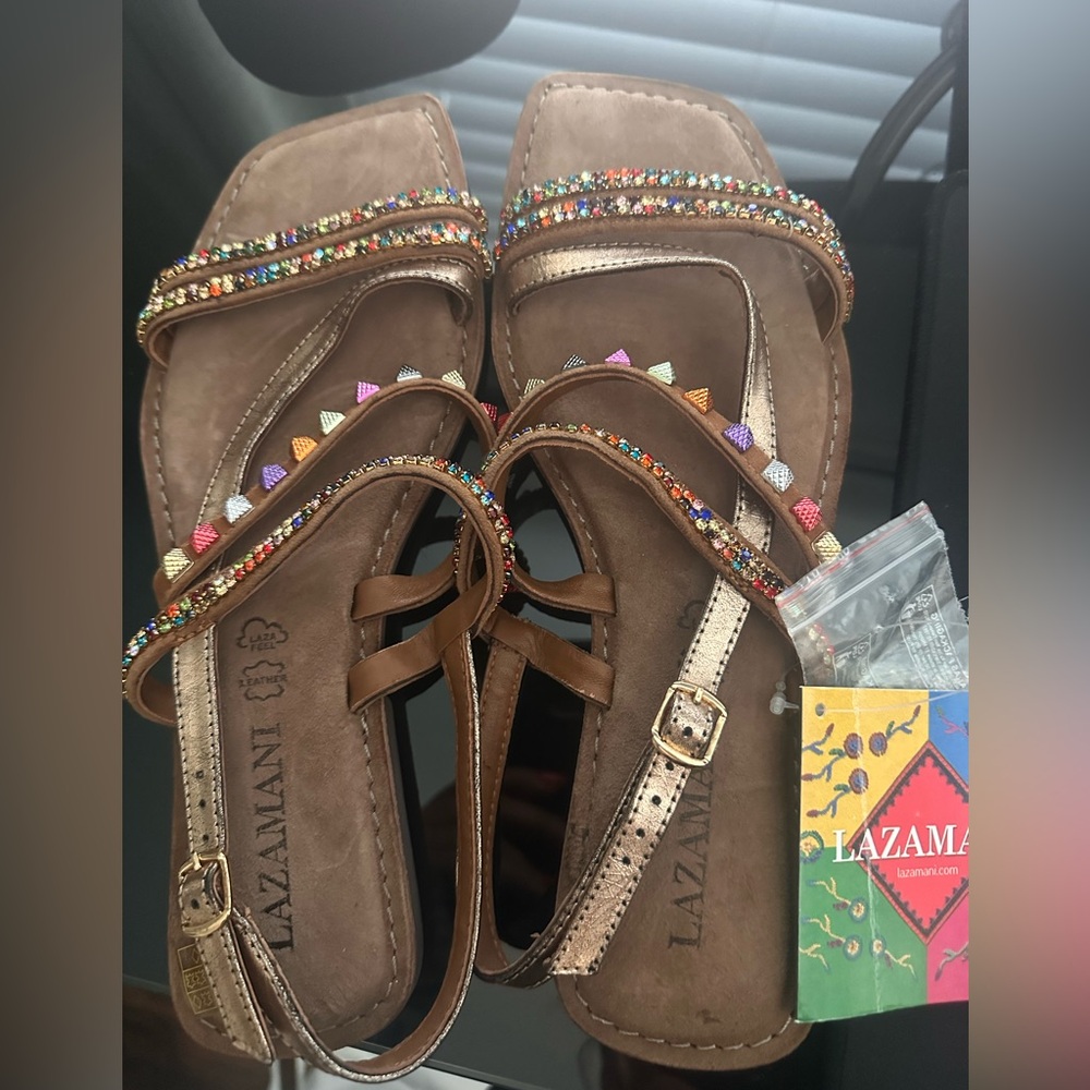 Lazamani Brown Sandals with Colorful Beads